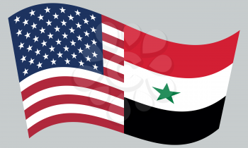 American and Syrian flags waving on gray background