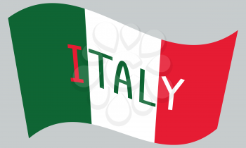 Italian flag waving with word Italy on gray background