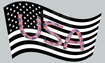American flag waving in black and white colors with word USA made from flags on gray background