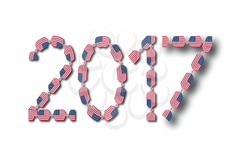 New Year 2017 made from USA flags in form of candies with shadows on white background