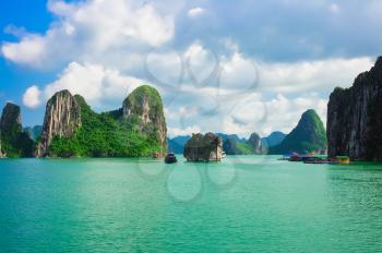 Rock islands in Halong Bay, Vietnam, Southeast Asia. UNESCO World Heritage Site.