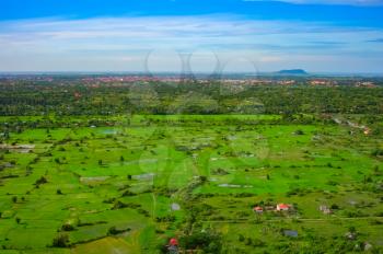 Aerial view of Siem Reap city and green fields, Angkor area, Cambodia, Southeast Asia