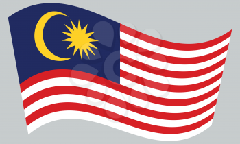 Flag of Malaysia waving on gray background. Malaysian national flag.