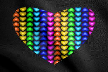 Big multicolored heart made from hearts on black detailed fabric texture