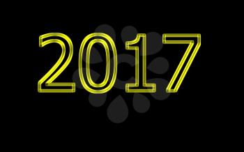 Neon golden numbers 2017 on black background. Greeting card. Happy new year 2017