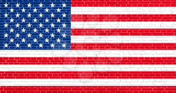 American national flag on brick wall texture background. Flag of the United States.
