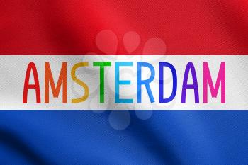Flag of the Netherlands waving in the wind with detailed fabric texture. Multicolored word Amsterdam.