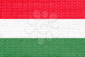 Flag of Hungary on brick wall texture background. Hungarian national flag.