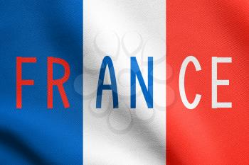 Flag of France waving in the wind with detailed fabric texture. French national flag. Word France.