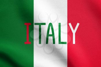Flag of Italy waving in the wind with detailed fabric texture. Italian national flag. Word Italy.