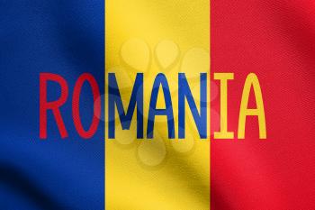 Flag of Romania waving in the wind with detailed fabric texture. Romanian national flag. Word Romania.