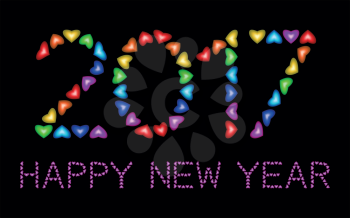 New Year 2017 numbers made from multicolored hearts isolated black background. Rainbow greeting card. Happy holidays colorful design for banner, posters, flyers, calendar, invitation, brochure. Vector