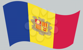 Andorran national official flag. Patriotic symbol, banner, element, background. Correct colors. Flag of Andorra waving on gray background, vector