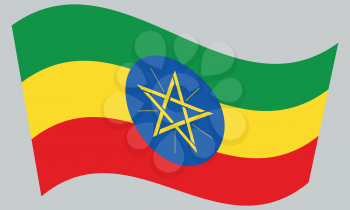 Ethiopian national official flag. African patriotic symbol, banner, element, background. Correct colors. Flag of Ethiopia waving on gray background, vector