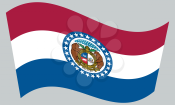 Missourian official flag, symbol. American patriotic element. USA banner. United States of America background. Flag of the US state of Missouri waving on gray background, vector