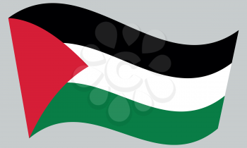 Palestinian national official flag. Patriotic symbol, banner, element, background. Correct colors. Flag of Palestine waving on gray background, vector