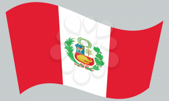 Peruvian national official flag. Patriotic symbol, banner, element, background. Correct colors. Flag of Peru waving on gray background, vector
