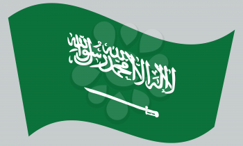 Saudi Arabian national official flag. Patriotic symbol, banner, element, background. Correct colors. Flag of Saudi Arabia waving on gray background, vector