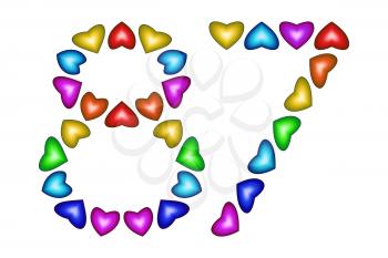 Number 87 of colorful hearts on white. Symbol for happy birthday, event, invitation, greeting card, award, ceremony. Holiday anniversary sign. Multicolored icon. Eighty seven in rainbow colors.