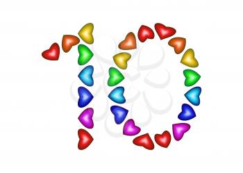 Number 10 of colorful hearts on white. Symbol for happy birthday, event, invitation, greeting card, award, ceremony. Holiday anniversary sign. Multicolored icon. Ten in rainbow colors.