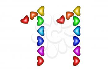 Number 11 made of colorful hearts on white. Love figures. Multicolored icon. Greeting card. Happy birthday invitation. Holiday anniversary sign. Number eleven from rainbow hearts. illustration
