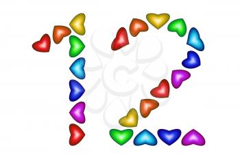 Number 11 made of colorful hearts on white. Love figures. Multicolored icon. Greeting card. Happy birthday invitation. Holiday anniversary sign. Number twelve from rainbow hearts. illustration