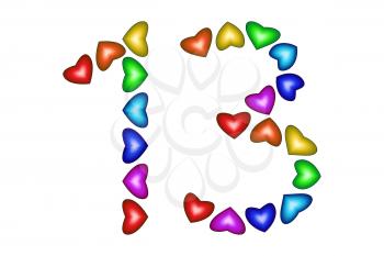 Number 13 made of colorful hearts on white. Love figures. Multicolored icon. Greeting card. Happy birthday invitation. Holiday anniversary sign. Number thirteen from rainbow hearts. illustration