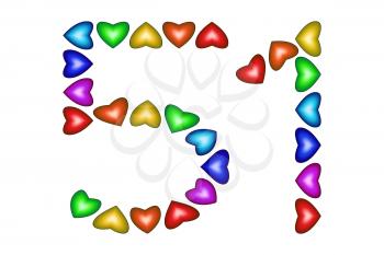 Number 51 of colorful hearts on white. Symbol for happy birthday, event, invitation, greeting card, award, ceremony. Holiday anniversary sign. Multicolored icon. Fifty one in rainbow colors.