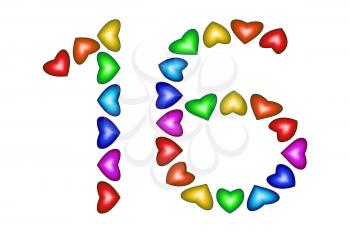 Number 16 made of colorful hearts on white. Love figures. Multicolored icon. Greeting card. Happy birthday invitation. Holiday anniversary sign. Number sixteen from rainbow hearts. illustration