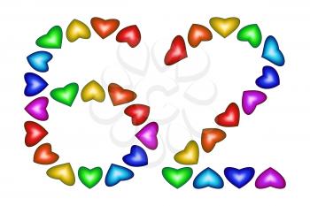 Number 62 of colorful hearts on white. Symbol for happy birthday, event, invitation, greeting card, award, ceremony. Holiday anniversary sign. Multicolored icon. Sixty two in rainbow colors.