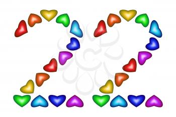 Number 22 of colorful hearts on white. Symbol for happy birthday, event, invitation, greeting card, award, ceremony. Holiday anniversary sign. Multicolored icon. Twenty two in rainbow colors.