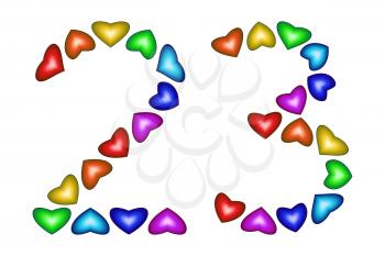 Number 23 of colorful hearts on white. Symbol for happy birthday, event, invitation, greeting card, award, ceremony. Holiday anniversary sign. Multicolored icon. Twenty three in rainbow colors.