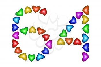 Number 64 of colorful hearts on white. Symbol for happy birthday, event, invitation, greeting card, award, ceremony. Holiday anniversary sign. Multicolored icon. Sixty four in rainbow colors.
