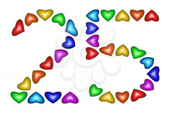 Number 25 of colorful hearts on white. Symbol for happy birthday, event, invitation, greeting card, award, ceremony. Holiday anniversary sign. Multicolored icon. Twenty five in rainbow colors.