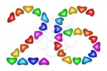 Number 26 of colorful hearts on white. Symbol for happy birthday, event, invitation, greeting card, award, ceremony. Holiday anniversary sign. Multicolored icon. Twenty six in rainbow colors.