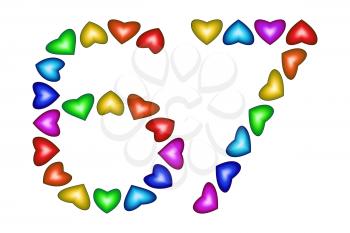 Number 67 of colorful hearts on white. Symbol for happy birthday, event, invitation, greeting card, award, ceremony. Holiday anniversary sign. Multicolored icon. Sixty seven in rainbow colors.