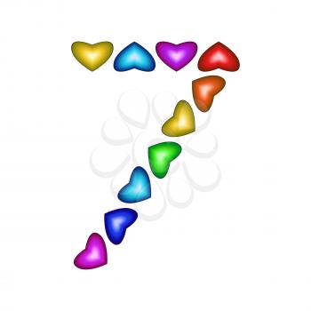 Number 7 of colorful hearts on white. Symbol for happy birthday, event, invitation, greeting card, award, ceremony. Holiday anniversary sign. Multicolored icon. Seven in rainbow colors.