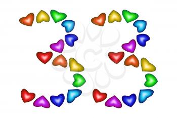 Number 33 of colorful hearts on white. Symbol for happy birthday, event, invitation, greeting card, award, ceremony. Holiday anniversary sign. Multicolored icon. Thirty three in rainbow colors.