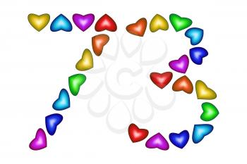 Number 73 of colorful hearts on white. Symbol for happy birthday, event, invitation, greeting card, award, ceremony. Holiday anniversary sign. Multicolored icon. Seventy three in rainbow colors