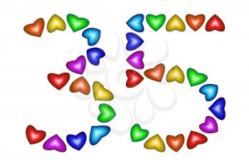 Number 35 of colorful hearts on white. Symbol for happy birthday, event, invitation, greeting card, award, ceremony. Holiday anniversary sign. Multicolored icon. Thirty five in rainbow colors.