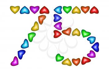 Number 75 of colorful hearts on white. Symbol for happy birthday, event, invitation, greeting card, award, ceremony. Holiday anniversary sign. Multicolored icon. Seventy five in rainbow colors.