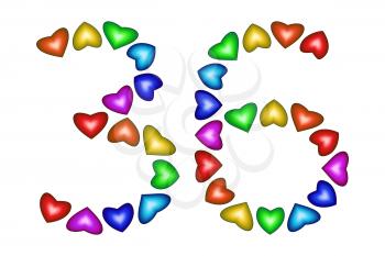 Number 36 of colorful hearts on white. Symbol for happy birthday, event, invitation, greeting card, award, ceremony. Holiday anniversary sign. Multicolored icon. Thirty six in rainbow colors.