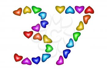 Number 37 of colorful hearts on white. Symbol for happy birthday, event, invitation, greeting card, award, ceremony. Holiday anniversary sign. Multicolored icon. Thirty seven in rainbow colors.