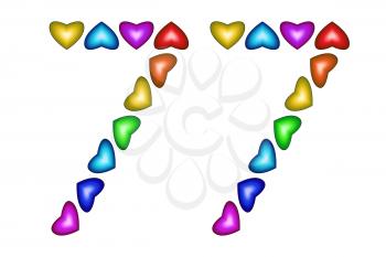 Number 77 of colorful hearts on white. Symbol for happy birthday, event, invitation, greeting card, award, ceremony. Holiday anniversary sign. Multicolored icon. Seventy seven in rainbow colors