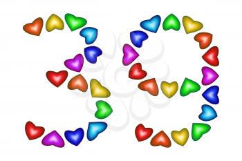 Number 39 of colorful hearts on white. Symbol for happy birthday, event, invitation, greeting card, award, ceremony. Holiday anniversary sign. Multicolored icon. Thirty nine in rainbow colors.