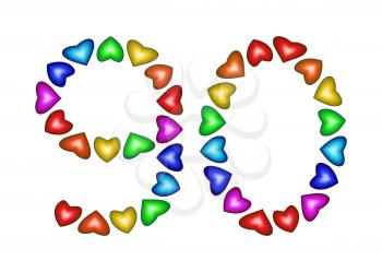 Number 90 of colorful hearts on white. Symbol for happy birthday, event, invitation, greeting card, award, ceremony. Holiday anniversary sign. Multicolored icon. Ninety in rainbow colors.