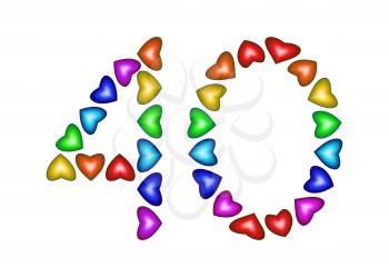 Number 40 of colorful hearts on white. Symbol for happy birthday, event, invitation, greeting card, award, ceremony. Holiday anniversary sign. Multicolored icon. Forty in rainbow colors.