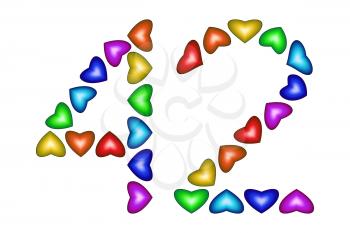 Number 42 of colorful hearts on white. Symbol for happy birthday, event, invitation, greeting card, award, ceremony. Holiday anniversary sign. Multicolored icon. Forty two in rainbow colors.