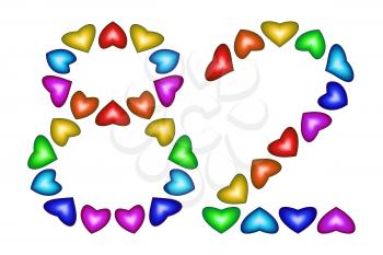 Number 82 of colorful hearts on white. Symbol for happy birthday, event, invitation, greeting card, award, ceremony. Holiday anniversary sign. Multicolored icon. Eighty two in rainbow colors.