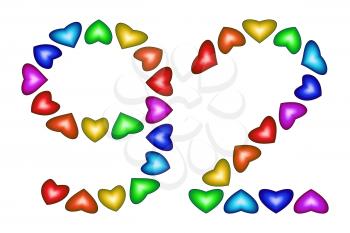 Number 92 of colorful hearts on white. Symbol for happy birthday, event, invitation, greeting card, award, ceremony. Holiday anniversary sign. Multicolored icon. Ninety two in rainbow colors.